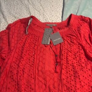 Red Smocked Tie Front Short Sleeve Blouse